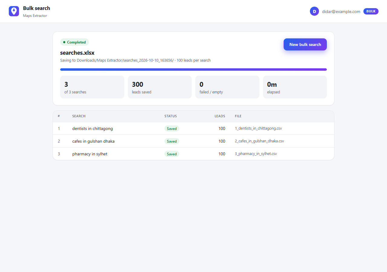 Bulk search progress with one CSV per search