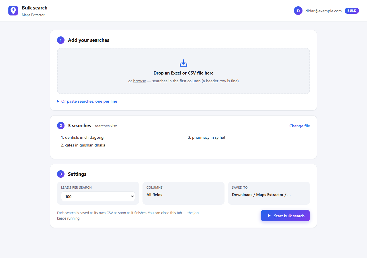 Bulk search upload page with search preview and settings