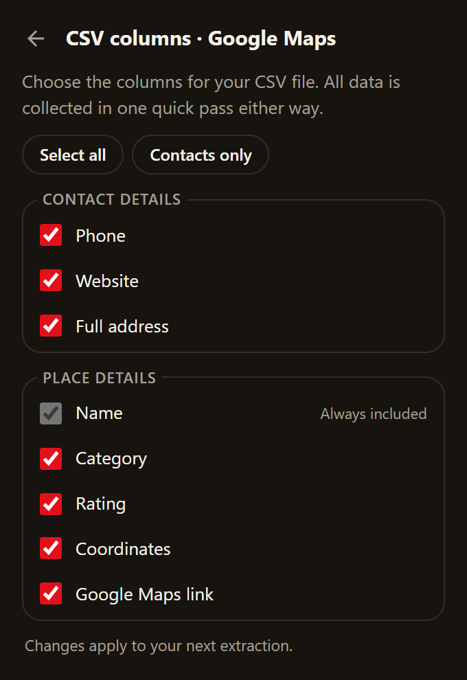 CSV columns settings