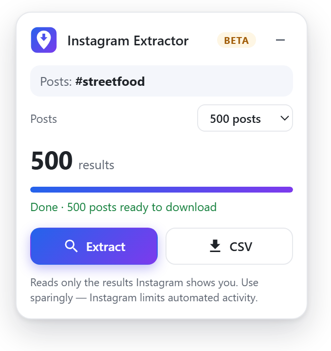 Instagram Extractor panel after reading 500 hashtag posts