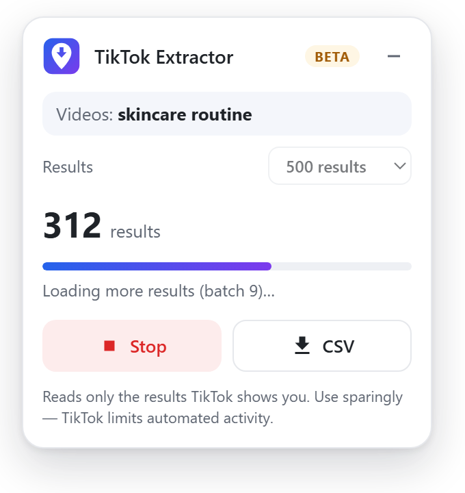 TikTok Extractor panel loading more video results